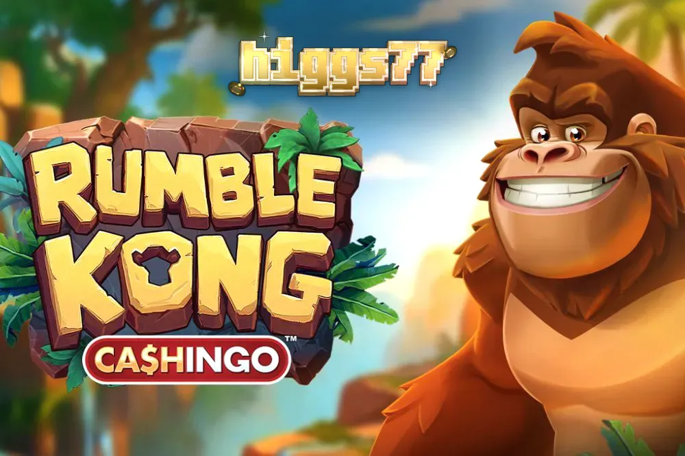 Tampilan visual permainan slot Rumble Kong CASHINGO dengan tema hutan dan simbol pisang.